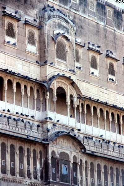 Architectural details of galleries of fort in Bikaner. India.