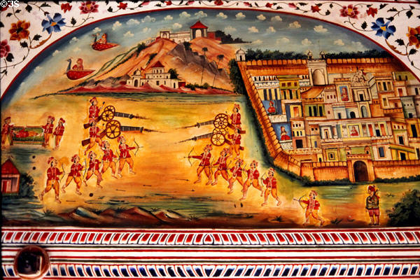 Mural showing war on wall of Bikaner fort. India.