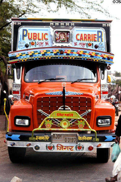 Colorfully painted public transportation truck near Jodhpur. India.