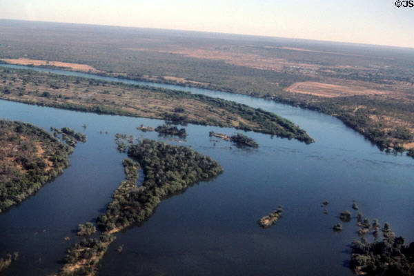 Zambezi River as it approaches Victoria Falls, seen from air. Zimbabwe.