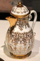 Meissen porcelain coffee pot with gold leaf by Bartholomaus Seuter at Gardiner Museum. Toronto, ON.