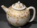 Meissen porcelain teapot decorated with gold leaf at Gardiner Museum. Toronto, ON.