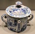 Covered posset pot with Chinese figures on English delftware at Gardiner Museum. Toronto, ON.