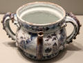 Posset pot with Chinese figures on English delftware from Bristol or Brislington at Gardiner Museum. Toronto, ON.