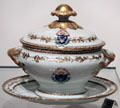 Chinese import porcelain dinner service tureen with stag's head crest owned by Roderick Mackenzie partner in Montreal-based North West Company at Royal Ontario Museum. Toronto, ON.