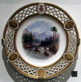 Porcelain plate with print of Assiniboine Rescues Bucephalus by Minton of Longton, Staffordshire, England part of Lord Milton dessert service at Royal Ontario Museum. Toronto, ON.