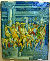 Faience plaque attrib. Pietro Bergantini of Italy painted with flagellation of Christ scene probably after engraving by Pollaiolo & architecture after graphic by Dürer at Ariana Museum. Geneva, Switzerland.