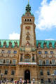 Hamburg City Hall with mosaic of Hammonia, Hamburg's Patron Goddess & city's coat-of-arms above entrance. Hamburg, Germany