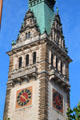 Clocks on tower of Hamburg City Hall. Hamburg, Germany.