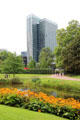Planten un Blomen park with modern highrises beyond. Hamburg, Germany.