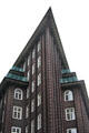 Upper levels of Chilehaus, reflecting expressionist architecture. Hamburg, Germany.