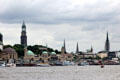 St. Michael's Church & other towers of Hamburg as seen from harbor. Hamburg, Germany.