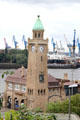 St. Pauli Pier clock tower with ship dry docks beyond. Hamburg, Germany.