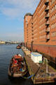 Brick buildings overlooking Elbe River in HafenCity. Hamburg, Germany.