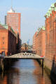 Heritage warehouses flanking Brooksfleet canal seen from Kibbelsteg. Hamburg, Germany.