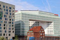Modern buildings along Brooktorhaven with antique brick customs house. Hamburg, Germany.