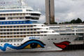 Cruise ship AIDA mar, Genoa, with fanciful artwork on prow, docked at Altona port. Hamburg, Germany