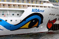Colorful artwork on prow of AIDA mar, Genoa, docked at Altona port. Hamburg, Germany.
