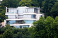 Modern, glass-walled residence overlooking Elbe River in Altona borough. Hamburg, Germany.