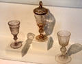 Goblets for display incised with coats-of-arms, town scenes or monuments at Hamburg History Museum. Hamburg, Germany.