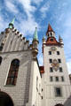 Late-Gothic facade & clock tower which was former Talburg Gate of first city wall now the Altes Rathaus. Munich, Germany.