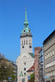 Tower & entrance facade of Peterskirche. Munich, Germany.