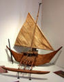 Model of outrigger boat from Marshall Islands Micronesia at Five Continents Museum. Munich, Germany.