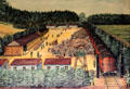 Painting of trains delivering victims to a concentration camp at Monument to Murdered Jews of Europe. Berlin, Germany.