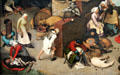 Details of Dutch proverbs & sayings painting by Pieter Bruegel the Elder at Berlin Gemaldegalerie. Berlin, Germany.