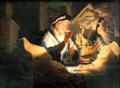 Parable of the rich grain farmer painting by Rembrandt van Rijn at Berlin Gemaldegalerie. Berlin, Germany.