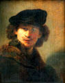 Self portrait velvet beret & coat with fur collar by Rembrandt van Rijn at Berlin Gemaldegalerie. Berlin, Germany.