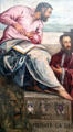 Detail of Evangelist St. Mark & Lion on Three Venetian officials painting by Tintoretto at Berlin Gemaldegalerie. Berlin, Germany.