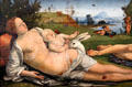 Detail with rabbit of Venus, Mars & Amor painting by Piero di Cosimo at Berlin Gemaldegalerie. Berlin, Germany.