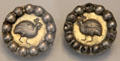 Partially gilded silver earrings in form of quail from Iran at Pergamon Museum. Berlin, Germany.