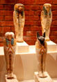 Egyptian wooden protective figure of falcon Horus & baboon Hapy & jackal at Neues Museum. Berlin, Germany.