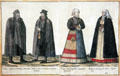 Engraving of Jews in traditional costume with prescribed yellow rings at Jewish Museum Berlin. Berlin, Germany.