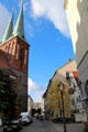 Nikolaiverteil streetscape with St. Nicholas' Church. Berlin, Germany.