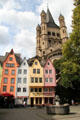 Restored historic Fischmarkt area with Great St. Martin Romanesque church beyond. Köln, Germany.