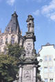 Tower of Historic City Hall & Jan von Werth fountain in Alter Markt. Köln, Germany.