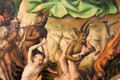 Details of wicked being dragged to Hell by a chain of The Last Judgment painting by Stefan Lochner at Wallraf-Richartz Museum at Wallraf-Richartz Museum. Köln, Germany.