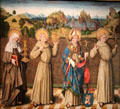 Sts. Clare, Bernard, Bonaventure & Francis painting with Köln in the background by Meister der Verherrlichung Mariae in Köln at Wallraf-Richartz Museum. Köln, Germany.