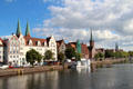 Skyline over Holstein Hafen with church towers of St. Mary's, St. Peter's & Cathedral. Lübeck, Germany
