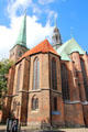 Gothic additions surround original Romanesque core of St. Jacob's Church. Lübeck, Germany.