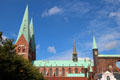 Spires of St. Mary's Church from side. Lübeck, Germany.