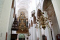Organ & brass chandeliers in Marienkirche. Stralsund, Germany.