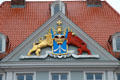 Arms in pediment of Commandantenhus old headquarters of Swedish military commander on Old Market Square. Stralsund, Germany.