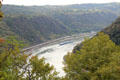 Steep banks of Rhine River as seen from viewpoint atop The Loreley. Loreley, Germany.