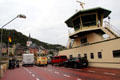 Vehicles lining up to leave car ferry at St. Goar. St. Goar, Germany.