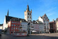 Expanse of Hauptmarkt with tower of St Gangolf Church above. Trier, Germany.