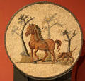Copy of Roman floor mosaic medallion of horse & dog at Trier Archaeological Museum. Trier, Germany.